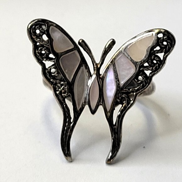 Silver and MOP Butterfly Ring 925 Sterling Silver, Butterfly Filigree Size 5.25 - Picture 2 of 15